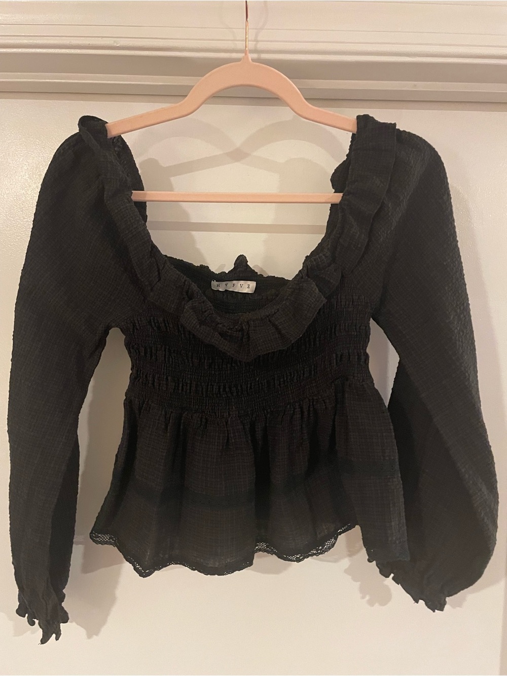 HYFVE Check Smocked Peplum Long-Sleeve Top - Small